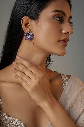White Finish Dark Purple Zircon Floral Stud Earrings
