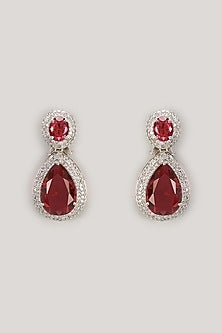 White Finish Red Stone & Zircon Dangler Earrings