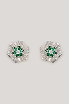 White Finish Emerald Stone & Zircon Stud Earrings