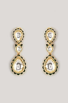 Gold Finish Green Kundan Polki Meenakari Dangler Earrings