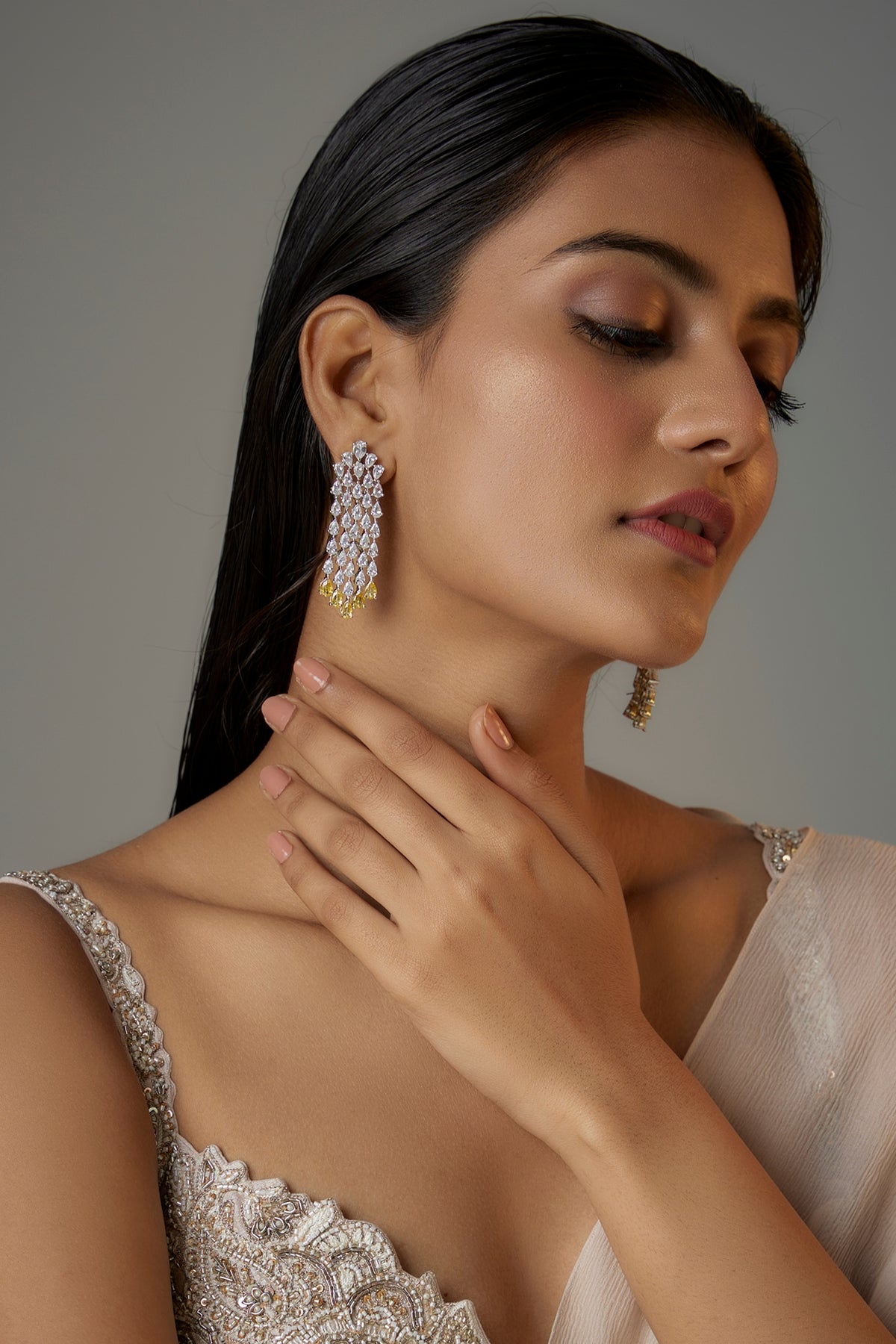 White Finish Yellow Sapphire & Zircon Dangler Earrings