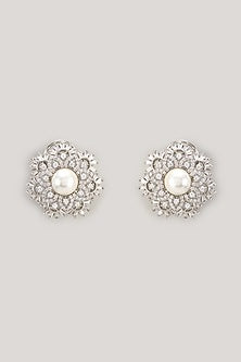 White Finish Pearl & Zircon Floral Stud Earrings