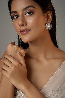 White Finish Pearl & Zircon Floral Stud Earrings