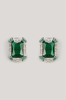 White Finish Emerald Stone & Zircon Stud Earrings