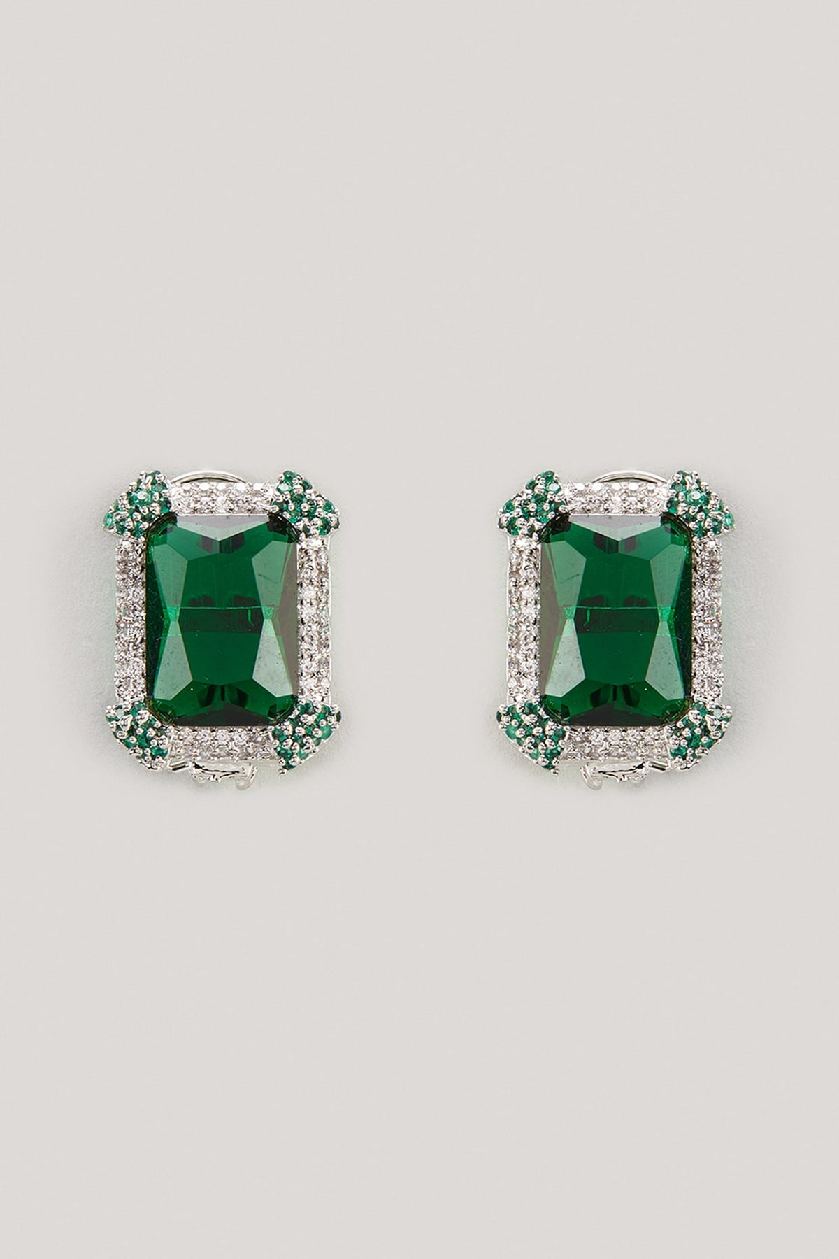 White Finish Emerald Stone & Zircon Stud Earrings