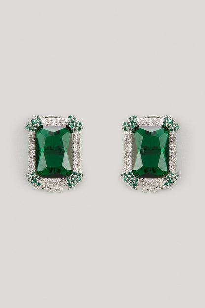 White Finish Emerald Stone & Zircon Stud Earrings