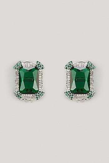 White Finish Emerald Stone & Zircon Stud Earrings