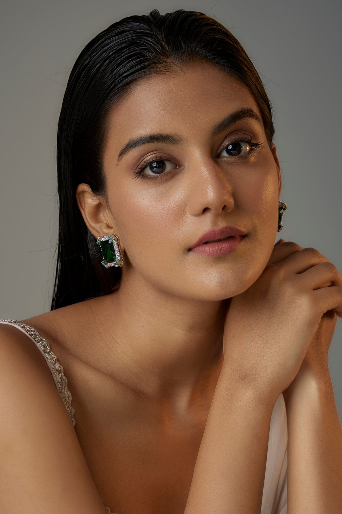 White Finish Emerald Stone & Zircon Stud Earrings