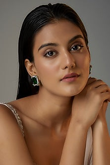 White Finish Emerald Stone & Zircon Stud Earrings