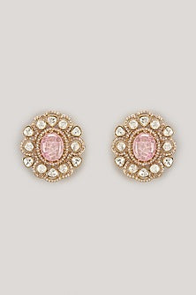 Gold Finish Light Pink Stone & Kundan Polki Stud Earrings