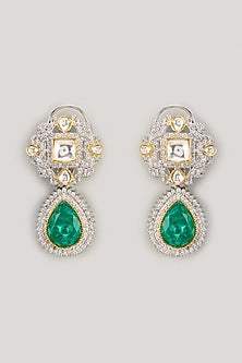 White Finish Aqua Stone & Zircon Dangler Earrings