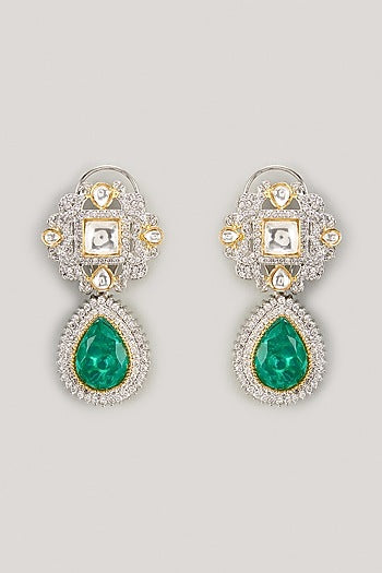 White Finish Aqua Stone & Zircon Dangler Earrings