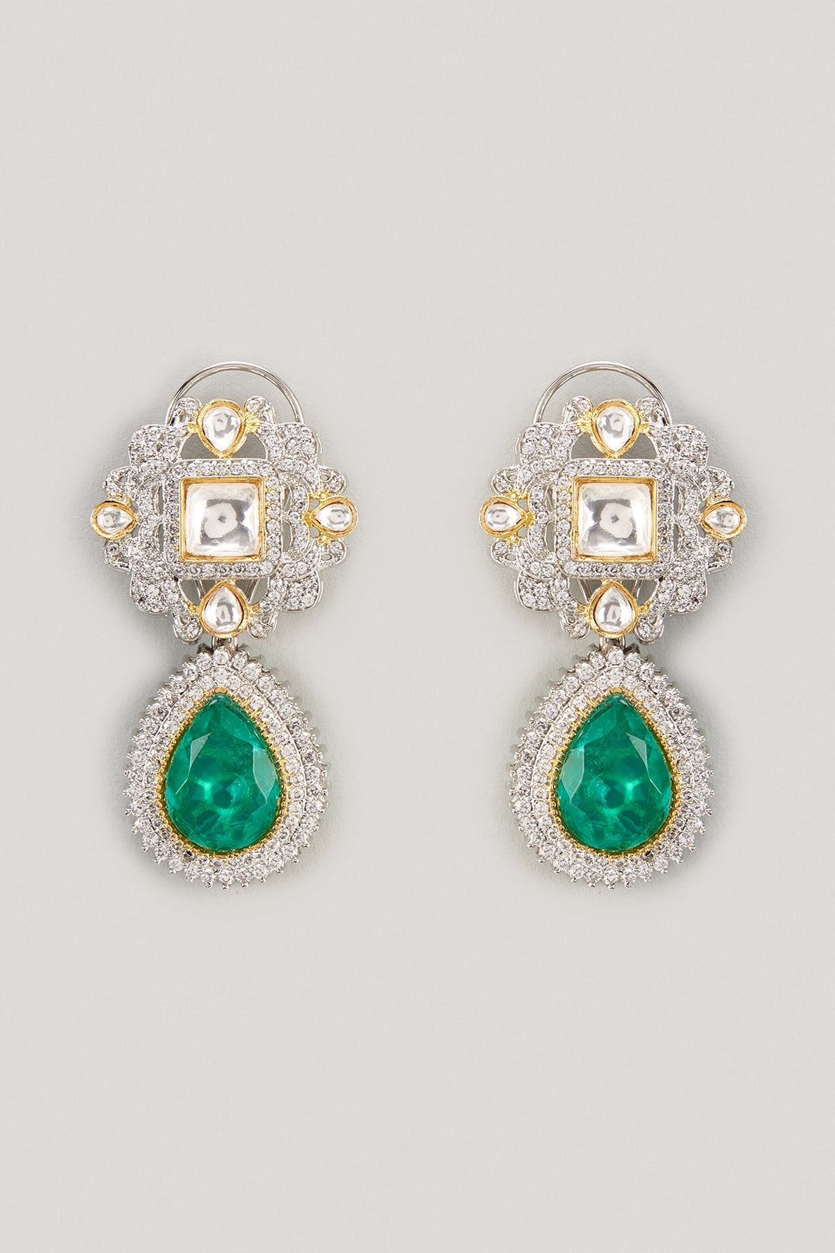 White Finish Aqua Stone & Zircon Dangler Earrings