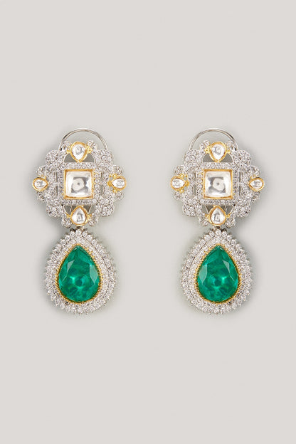 White Finish Aqua Stone & Zircon Dangler Earrings