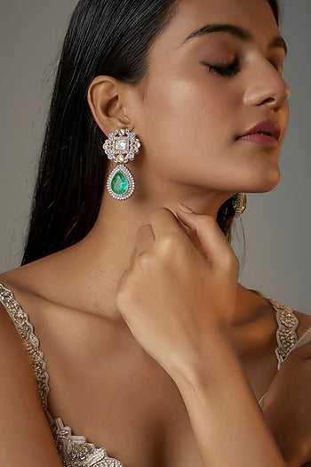 White Finish Aqua Stone & Zircon Dangler Earrings