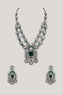 White Finish Kundan Polki & Emerald Stone Long Necklace Set