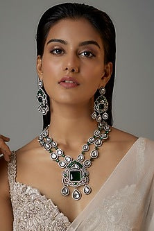 White Finish Kundan Polki & Emerald Stone Long Necklace Set