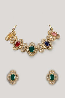 Gold Finish Multi-Colored Stone & Kundan Polki Choker Necklace Set