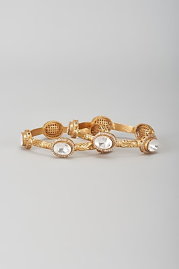 Gold Finish Kundan Polki Oval Kadas (Set Of 2)