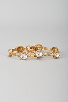 Gold Finish Kundan Polki Oval Kadas (Set Of 2)