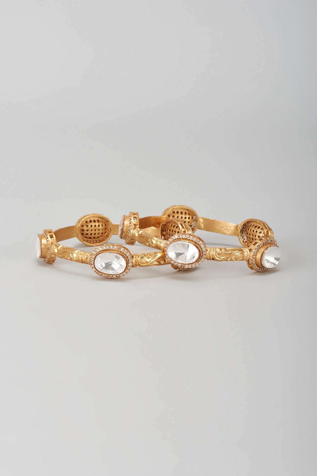 Gold Finish Kundan Polki Oval Kadas (Set Of 2)