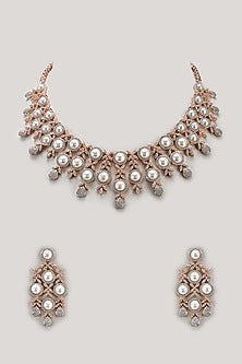Gold Finish Pearl & Zircon Choker Necklace Set