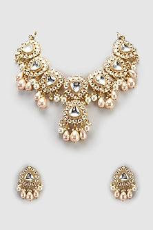 Gold Finish Kundan Polki & Pearl Long Necklace Set