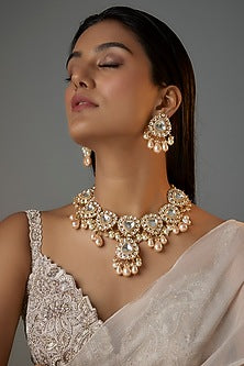 Gold Finish Kundan Polki & Pearl Long Necklace Set