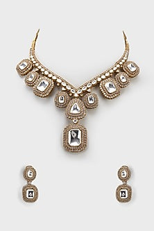 Gold Finish Kundan Polki & Zircon Long Necklace Set