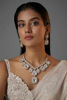 Gold Finish Kundan Polki & Zircon Long Necklace Set
