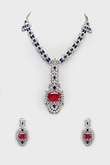 White Finish Red & Blue Zircon Long Necklace Set