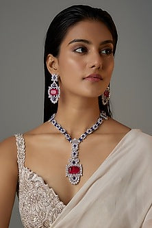 White Finish Red & Blue Zircon Long Necklace Set