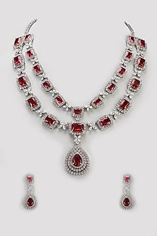 White Finish Red Zircon Layered Long Necklace Set