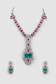 White Finish Stone & Zircon Long Necklace Set