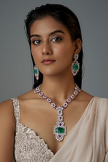 White Finish Stone & Zircon Long Necklace Set