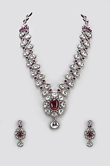 White Finish Ruby Stone & Zircon Long Necklace Set