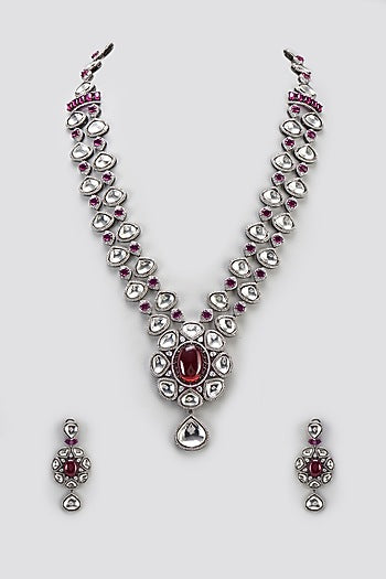 White Finish Ruby Stone & Zircon Long Necklace Set