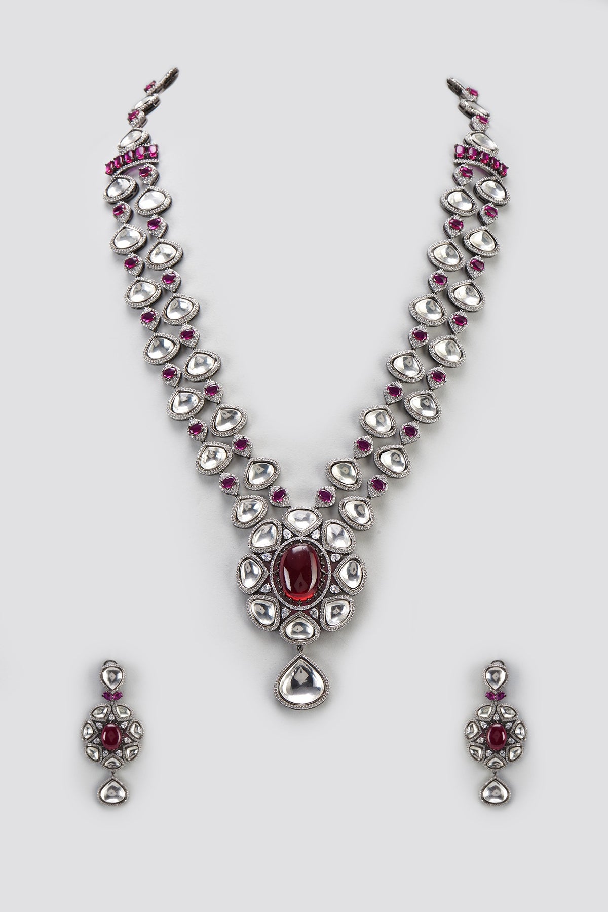 White Finish Ruby Stone & Zircon Long Necklace Set