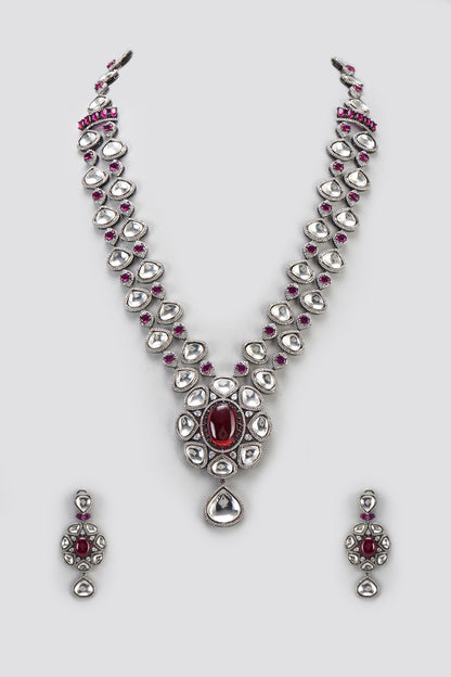 White Finish Ruby Stone & Zircon Long Necklace Set