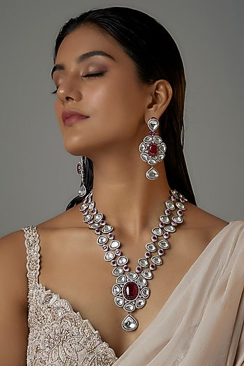 White Finish Ruby Stone & Zircon Long Necklace Set
