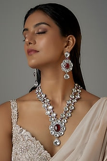 White Finish Ruby Stone & Zircon Long Necklace Set