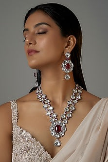 White Finish Ruby Stone & Zircon Long Necklace Set