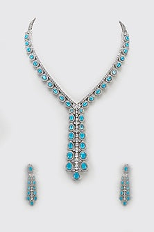 White Finish Light Blue Stone & Zircon Long Necklace Set