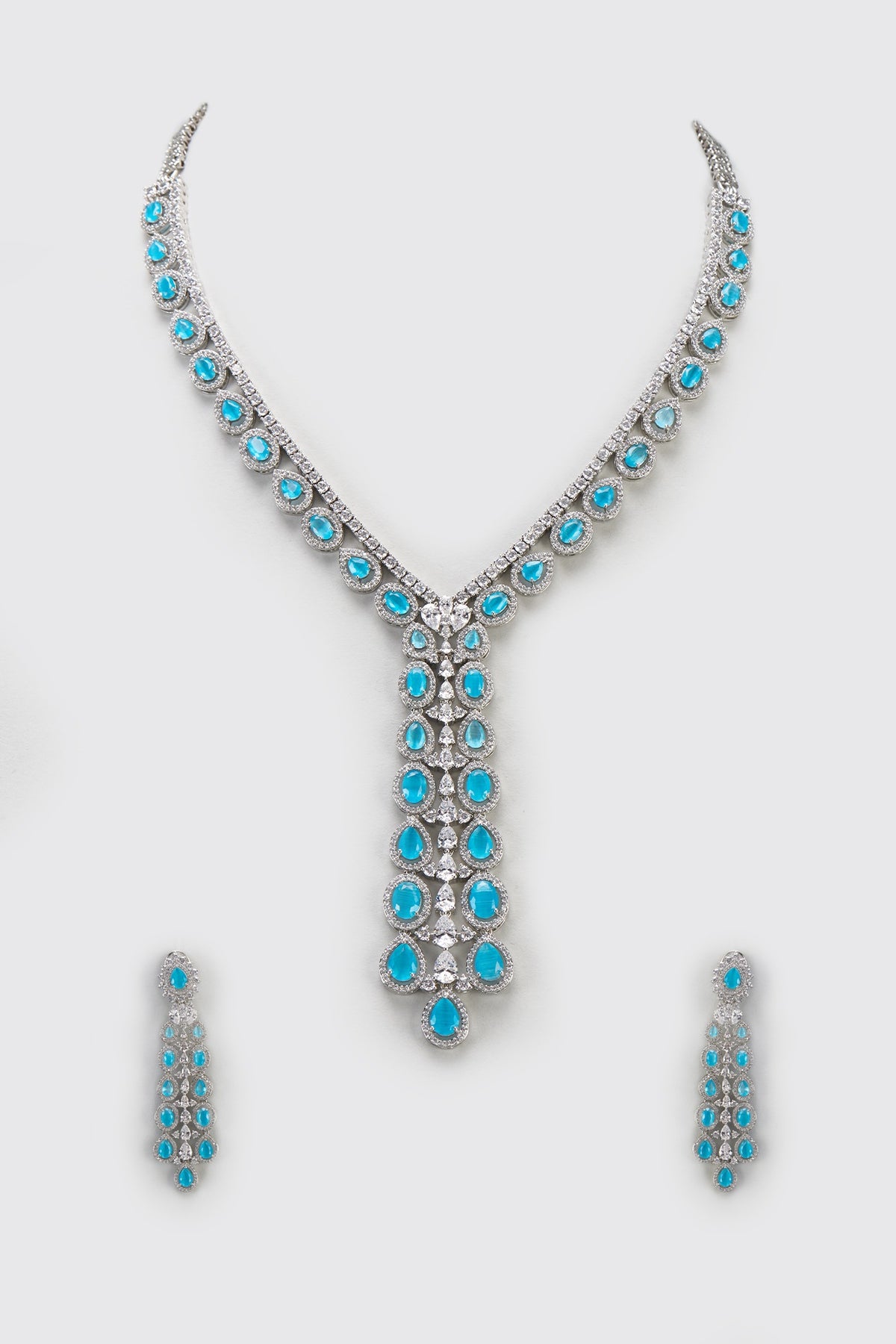 White Finish Light Blue Stone & Zircon Long Necklace Set