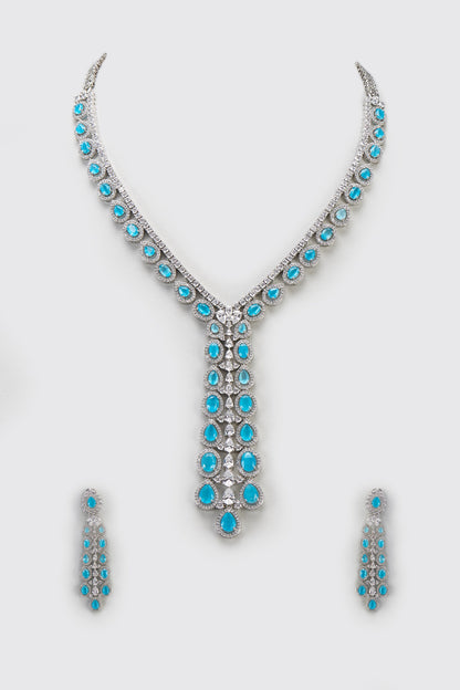 White Finish Light Blue Stone & Zircon Long Necklace Set
