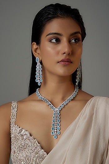 White Finish Light Blue Stone & Zircon Long Necklace Set