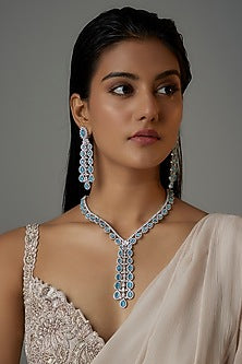 White Finish Light Blue Stone & Zircon Long Necklace Set