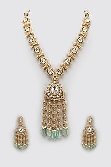 Gold Finish Kundan Polki & Green Beaded Long Necklace Set