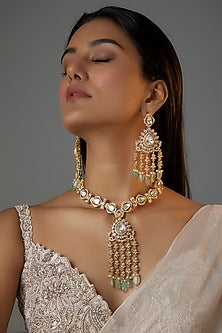 Gold Finish Kundan Polki & Green Beaded Long Necklace Set
