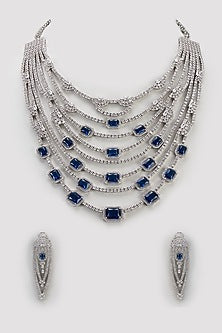 White Finish Blue Sapphire & Zircon Layered Long Necklace Set